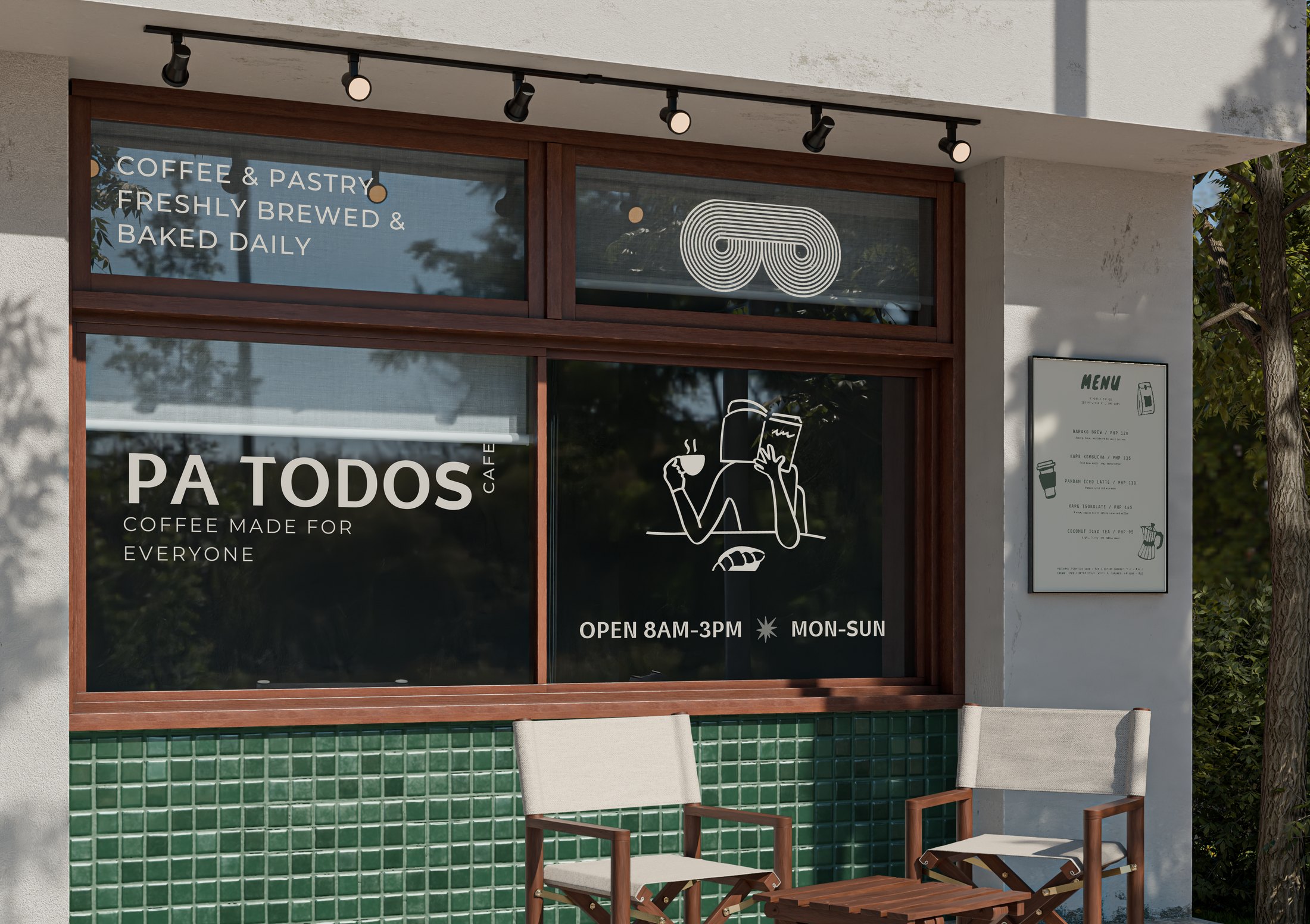The Pa Todos Cafe storefront window, lettered with coffee and pastry, the shop name, and opening hours.